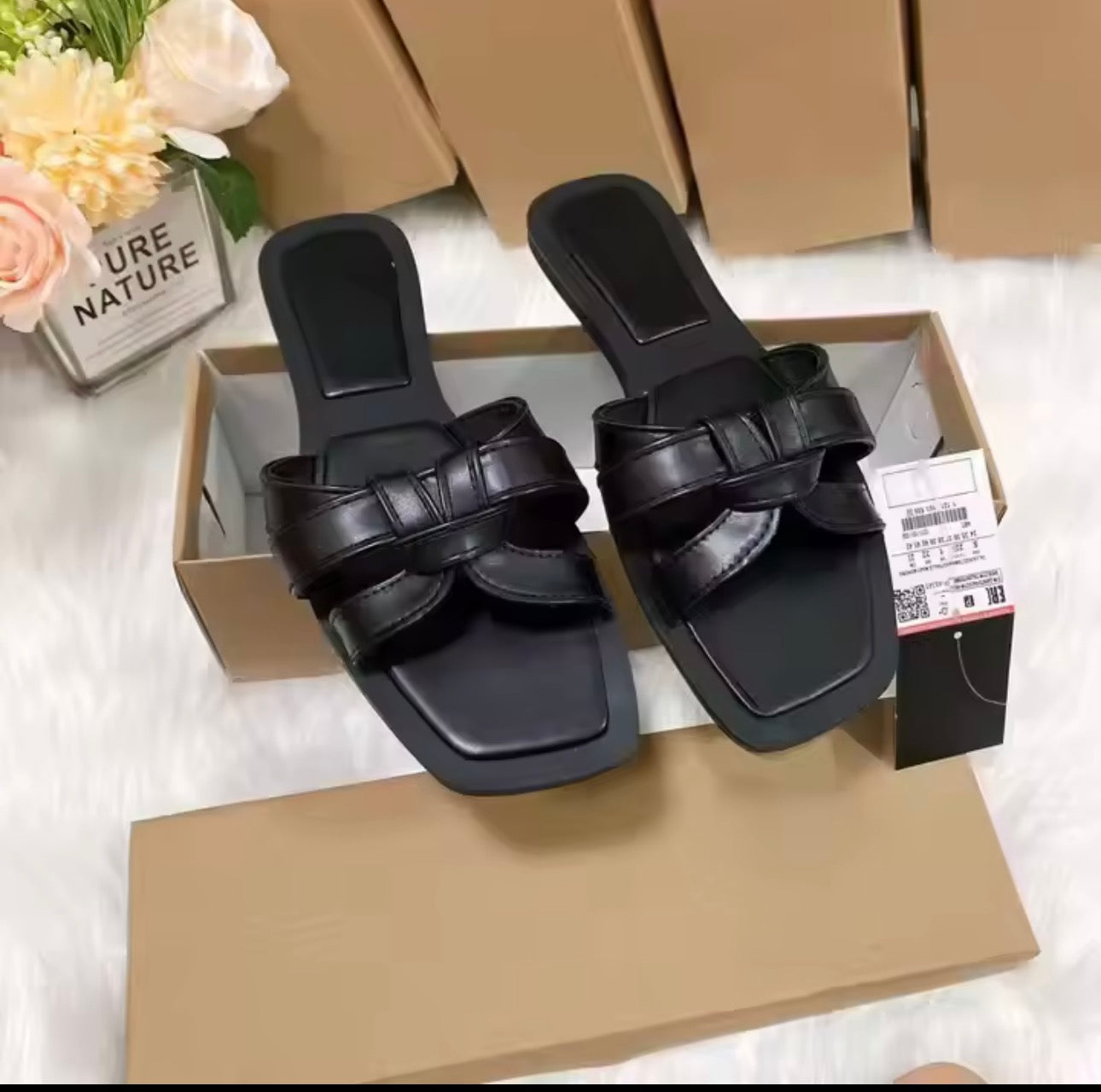 Square Toe Flat Sandals for Women – Modern Style (Brown & Black)
